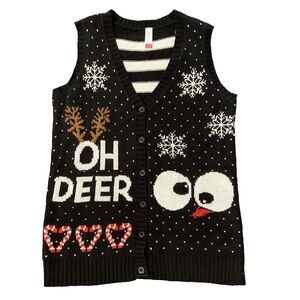 No Boundaries Junior Women Black Oh Deer Jingle Bells Holiday Sweater Vest XL